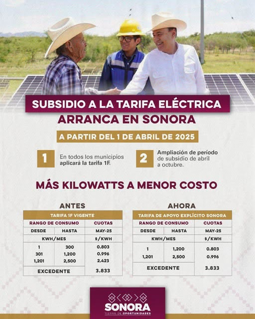 Sonora; 01 de abril de 2025.-El Gobierno del Estado de Sonora pone en marcha el subsidio eléctrico 2025