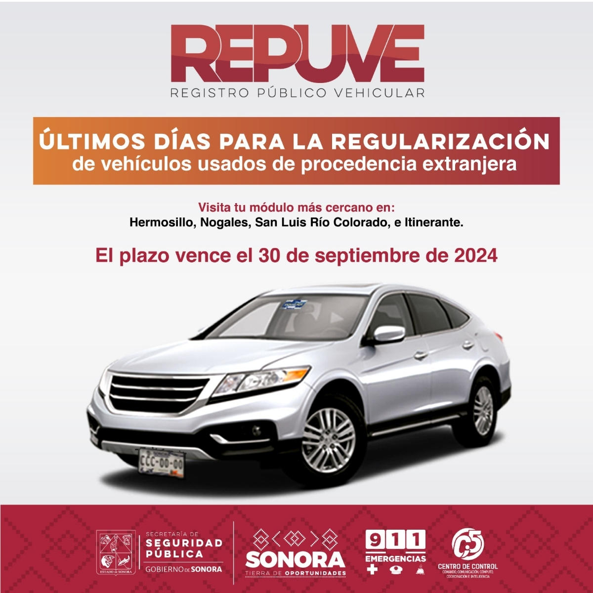   Guaymas, Sonora; 9 de septiembre de 2024.-Llama Repuve Sonora a aprovechar últimos días de regularización de vehículos