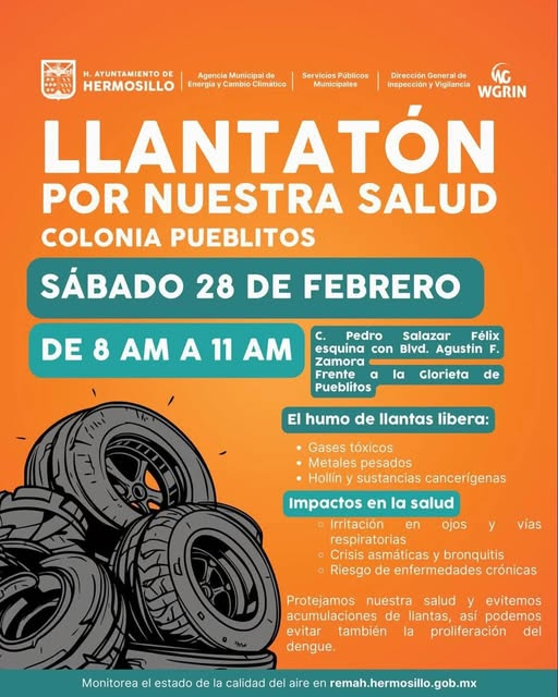 HERMOSILLO, SONORA; 28 DE FEBRERO EL 2026.-Gobierno de Hermosillo convoca al "Llantat&oacute;n por nuestra salud"