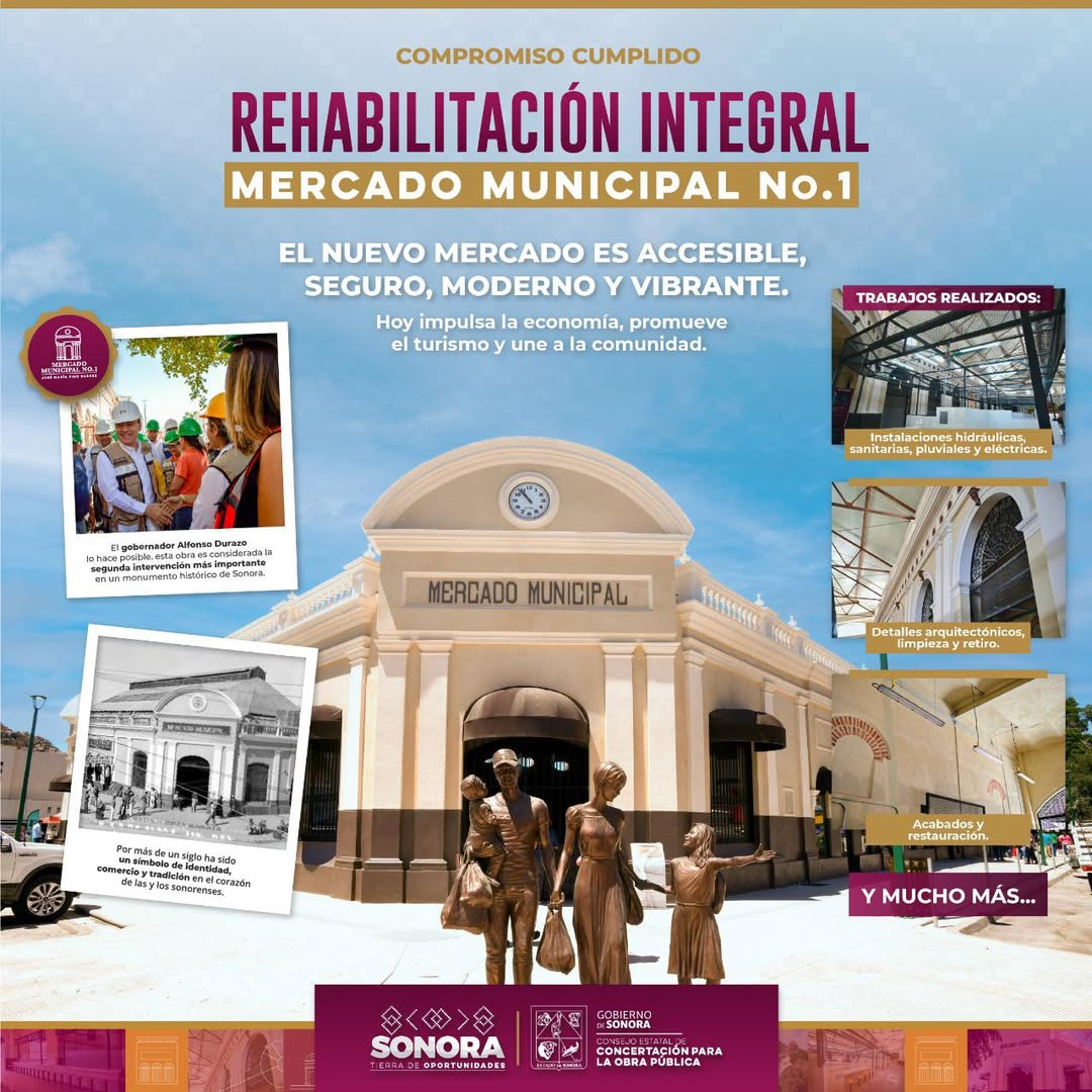 Sonora; 18 de julio del 2025.-Gobierno de Sonora rescata y entrega rehabilitación integral del Mercado Municipal No. 1 de Hermosillo