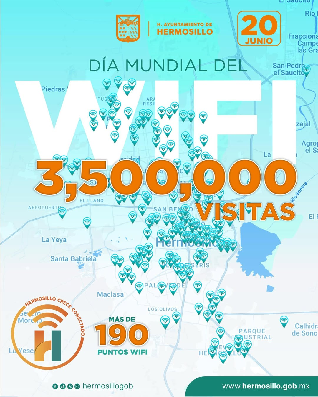 Hermosillo, Sonora; 20 de junio del 2025.-El Gobierno de Hermosillo celebra el Día Mundial del WiFi conectando a la ciudad